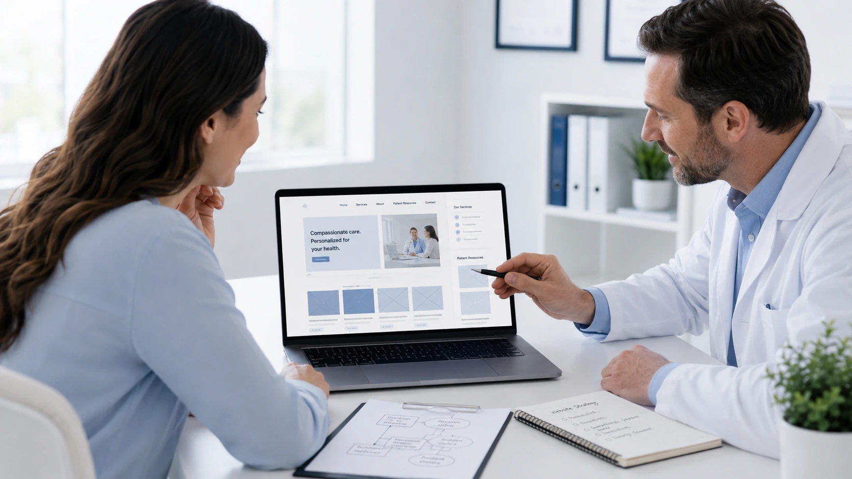 Two people reviewing website options together at a table